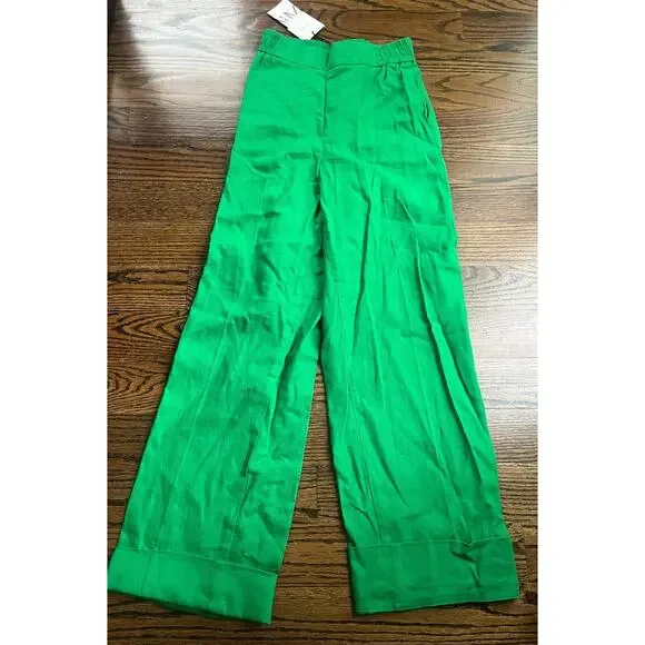 Zara women’s wide leg linen blend pants Sz. XS bold green NWT