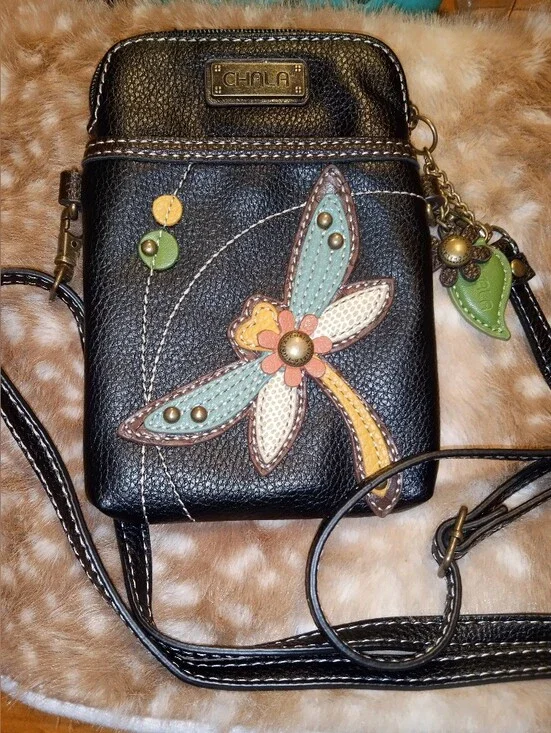 Chala Black Small Crossbody Bag with Multicolor Floral Dragonfly Appliqué.