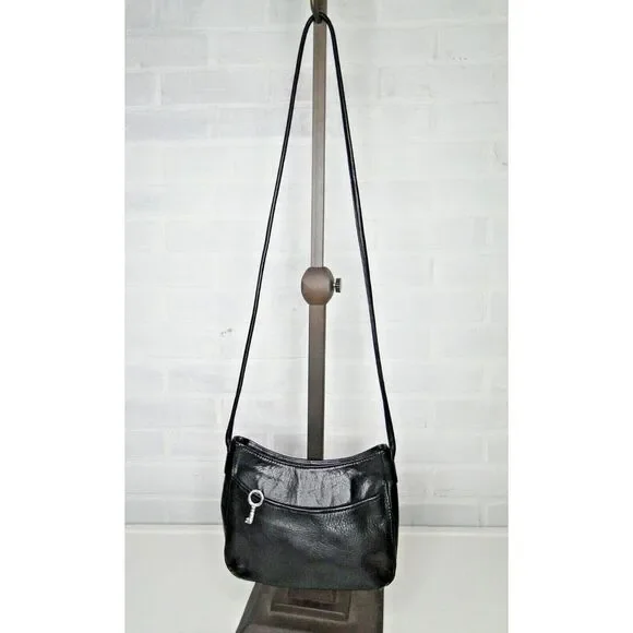 Fossil Small Crossbody Black Handbag - Leather Purse/Bag -‎ Key Charm