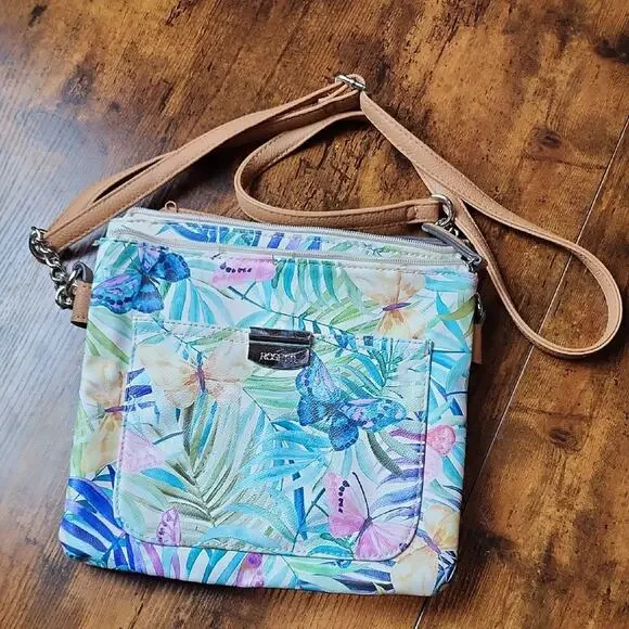 ROSETTI | Clean Tropical Butterfly‎ Floral Print Crossbody Bag with Tan Strap