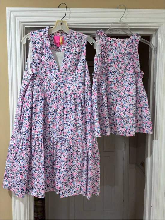 Lilly Pulitzer Matching Mother + Daughter Floral Dress Set Pink and Blue