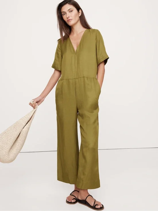NWT! Banana Republic Tree Moss Green Viscose Linen Wide Leg Jumpsuit 🌅6️⃣