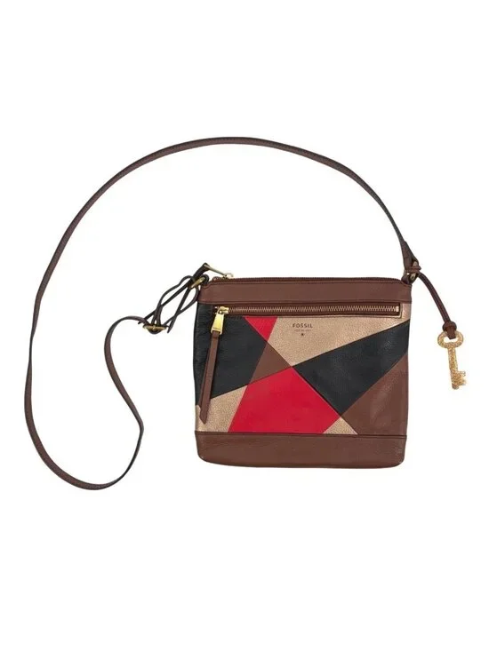 Fossil Fiona Boho Leather Color Block Crossbody Bag Inner Pockets Key Charm