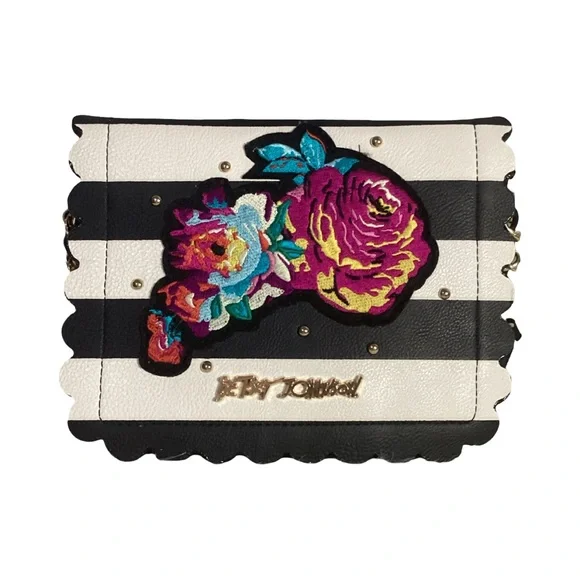 Betsey Johnson Black White Striped Floral Appliqué Crossbody Wallet Bag Vegan