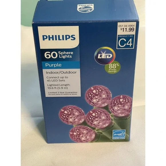 Philips 60 Purple Sphere Lights Indoor/Outdoor Green‎ Wire NIB BinB