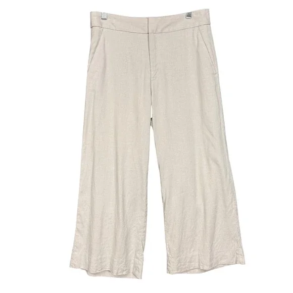 Banana Republic Wide Leg Crop Pants Women 8 Beige Linen Cotton Blend High Rise