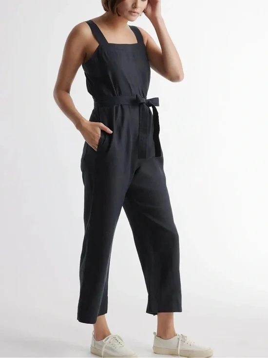 Quince Linen Square Neck Jumpsuit Small NWT Black