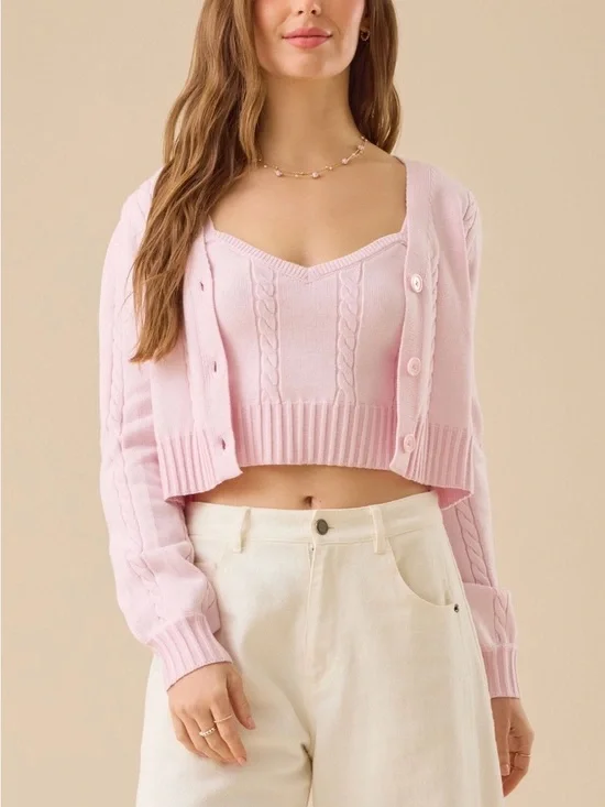 NWT Altar'd State Soft Pink Cable Knit Matching Cardigan & Crop Top Set Size XXS