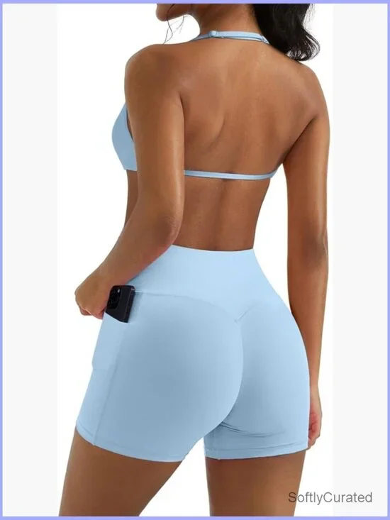 2 Piece Workout Sets Open Back Strappy Sports Bra Matching Gym Outfits with