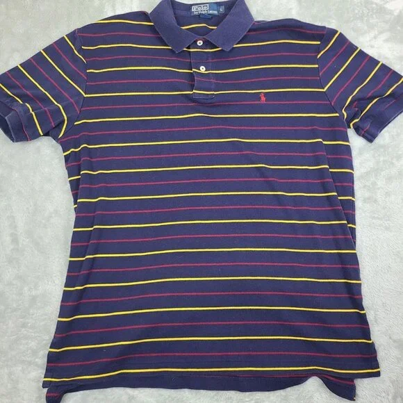 Polo Ralph Lauren Short Sleeve Size Large Nayy Blue Yellow Striped Polo Shirt‎