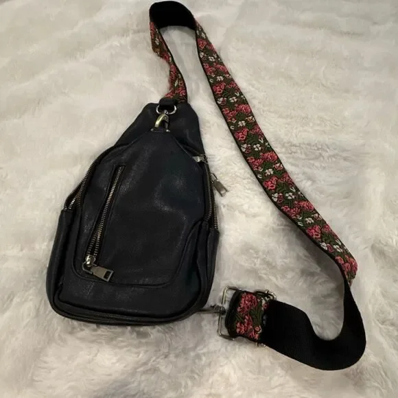 Antik Kraft black leather Crossbody bag with embroidered strap, Free People vibe