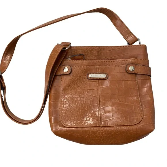 Rosetti Cognac Brown Crocodile Embossed Faux Leather Crossbody Bag Multi-Pocket