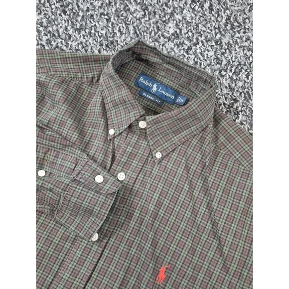 Ralph Lauren Polo Men's Medium Classic Fit Green Plaid Long Sleeve Button Down‎