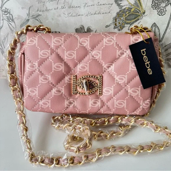 Bebe Liv Monogram Small Blush Powder Pink Quilted Crossbody Bag with Gold Chain