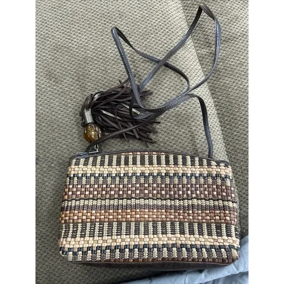 Vintage SHARIF USA Bag 90's Leather Weave Small Roomy Crossbody Purse Zip Dust‎