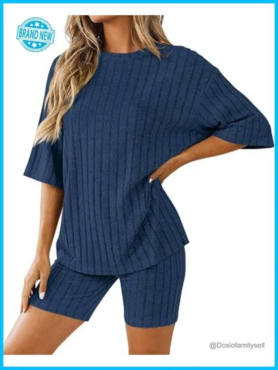 Rib Knit Lounge Sets Women 2 Piece Matching Short Sets Casual Biker Shorts