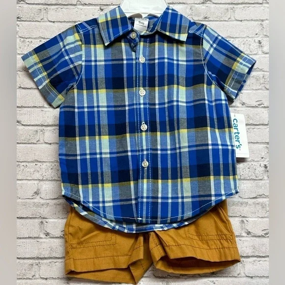 Carter’s Outfit 9 Months Plaid Button Up Shirt Shorts NEW