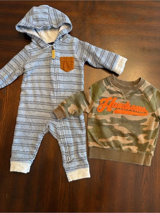 Carter’s Baby Boy 6M Camo Handsome Sweatshirt & Hooded Romper Bundle