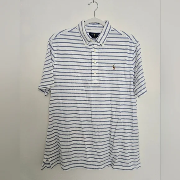 Ralph Lauren Knit Oxford Cotton Blue and White Striped Polo Shirt | Size Large