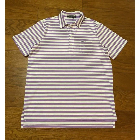 RLX Ralph Lauren Polo Shirt Mens Large Purple Striped Golf Performance Stretch