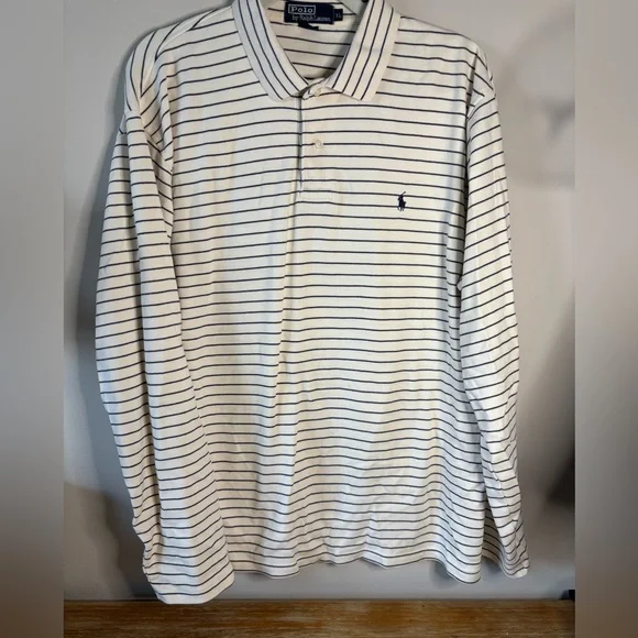 Polo Ralph Lauren cream and Blue Striped Cotton Polo Shirt Mens XL‎