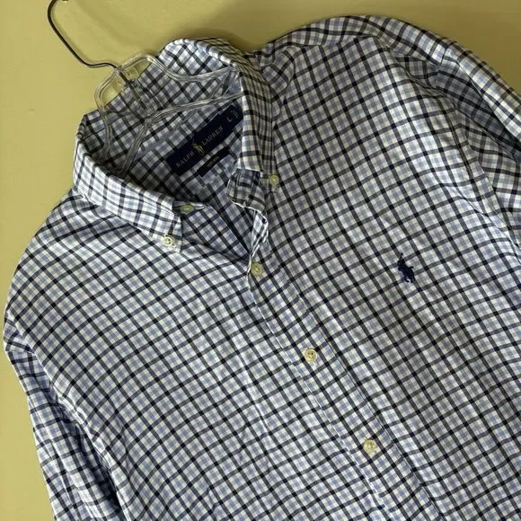 Mens Ralph Lauren Large Collared Dress Shirt Blue Checkered Horse Polo Logo