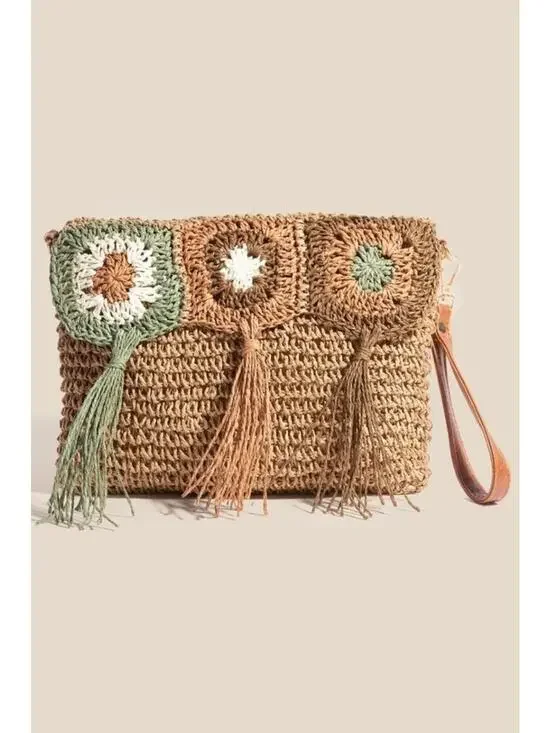 Boho Crochet Resort Style Breezy Braided Straw Crossbody Bag Tassel Clutch NWT