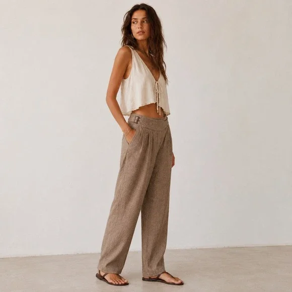 Banana Republic Herringbone Linen Blend Pants Womens 14 Brown Pleated Quiet Lux
