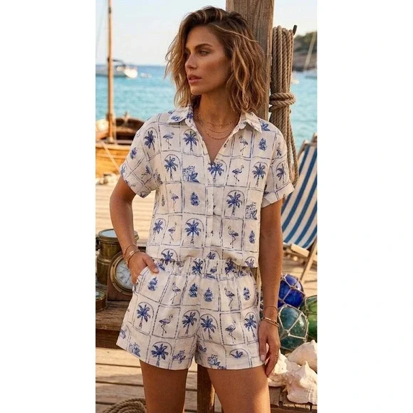 C&C California Linen Matching Set Shirt Shorts Blue White Flamingo Tropical SZ S