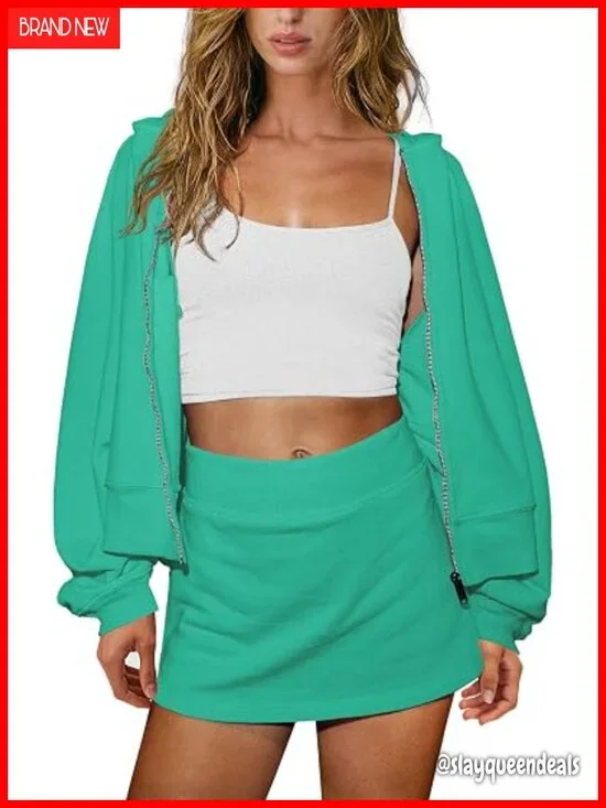 2 Piece Workout Set Zip Up Hoodie and Skirt Gym Outfits Lounge Matching Sets