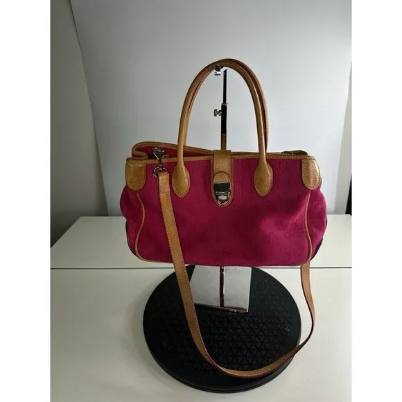 Dooney & Bourke Pink Signature Monogram Tan  Leather Buckle Closure Handbag
