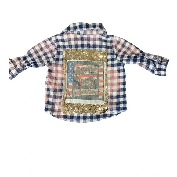 Kids Carter's Flannel AC/DC Sequins Patch Long Sleeve Handmade 3 months