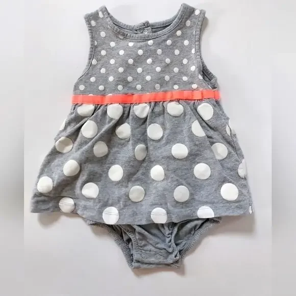 Grey Polka Dot Romper Dress With Orange‎ Ribbon Size 24m crawler Carter's