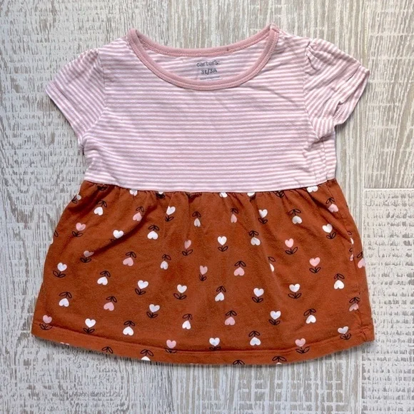 Carter's 3T Pink Stripe and Brown Heart Flowers Babydoll Top Short Sleeve