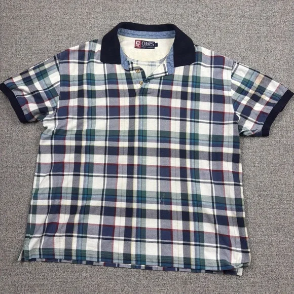 Chaps Ralph Lauren Polo Shirt Mens L Multi Plaid Vintage Short Sleeve Pique