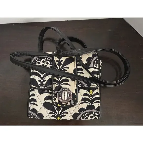 Vera Bradley Petite Crossbody Purse Fanfare Black White Strap Yellow Mini 6x6 In