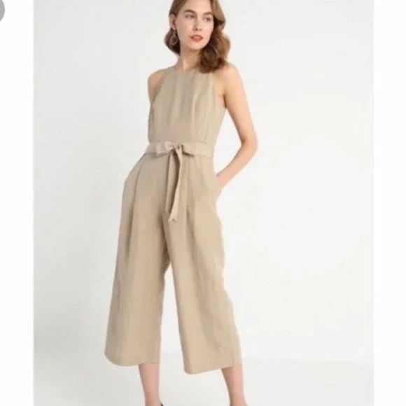 Banana Republic Petite 0 Tan Linen Blend Wide Leg Cropped Jumpsuit Belted