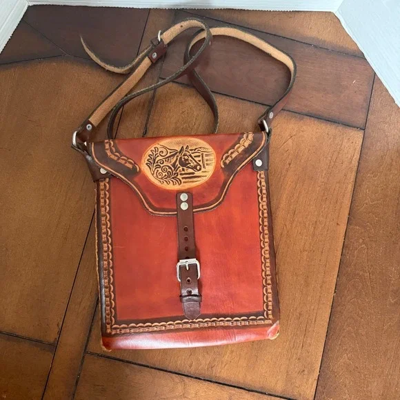 Vintage Western Hand Tooled Leather Embossed Horse Messenger Crossbody Bag