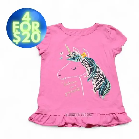 4/$20 - Carters Girls Short Sleeve T-Shirt Pink Unicorn Ruffle Trim Size 8