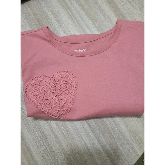 Carters Girls Pink Short Sleeve Heart Crochet Lace Tee Shirt Size 6 6X New
