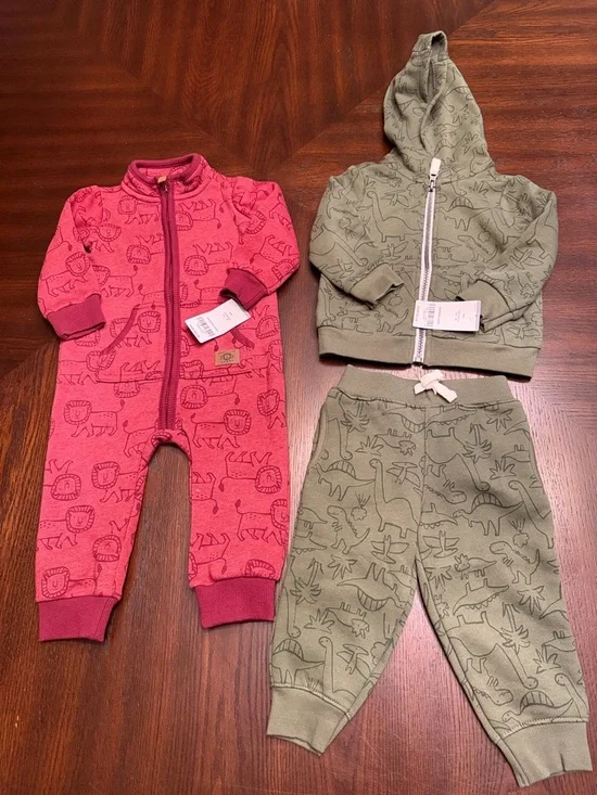 Carter’s Baby Boy Dino Outfit Bundle 12M – NWT Hoodie Set + Zip Romper