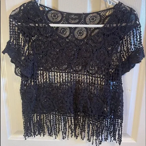 Sample text black crochet cropped top