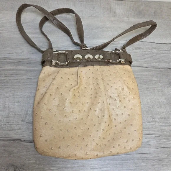Cato Women Two Tone Tan Brown Faux Ostrich Crossbody Bag Studded Silver Hardware
