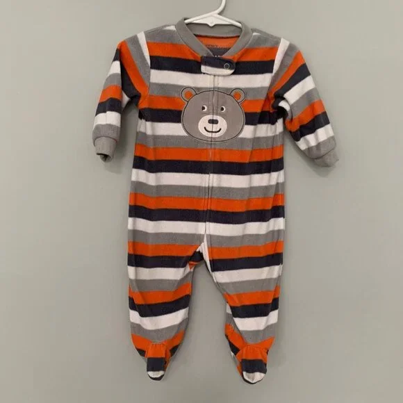 Carters Baby Boy 9M Fleece‎ Footed Sleeper Orange Blue Grey Striped Bear Pajamas