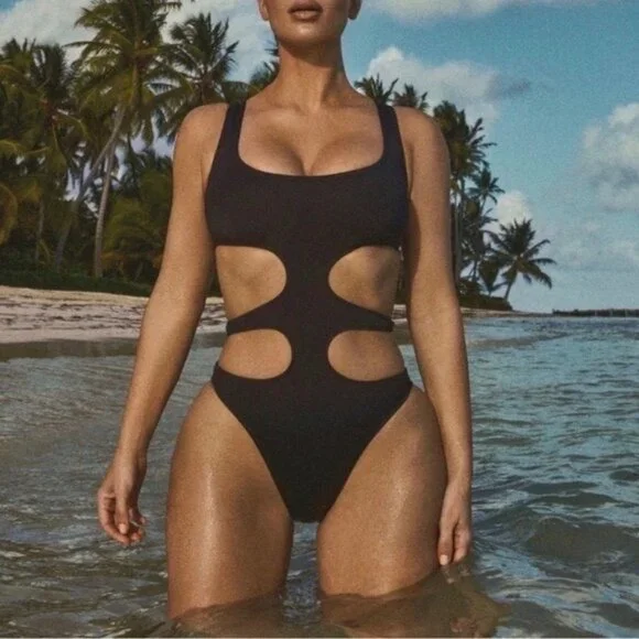 SKIMS Black Cut-Out One Piece Swimsuit