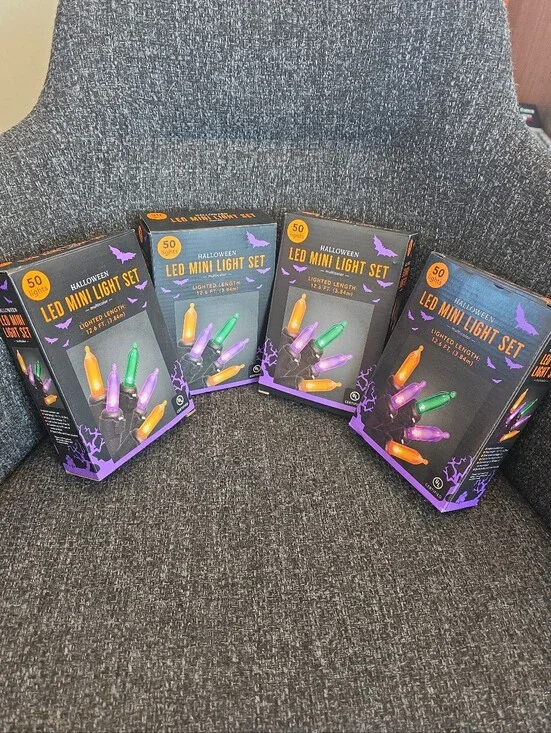 NIB 4 Boxes Of Halloween LED Mini Light Sets Purple Orange Green 200 Lights