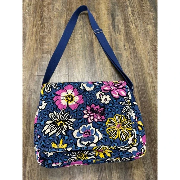 Vera Bradley Floral Leopard Quilted Cotton Messenger Bag Blue Pink Crossbody