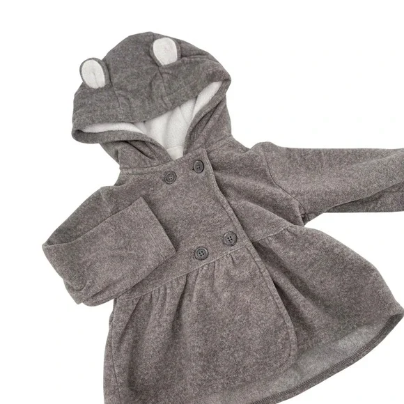Carter's Fleece Hooded Jacket Baby 9M Gray Excellent‎ Bear Ears Double Peacoat