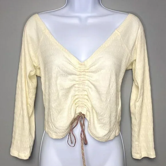 Anthropologie White Cinched Long Sleeve White Crop Top Women's Size M‎