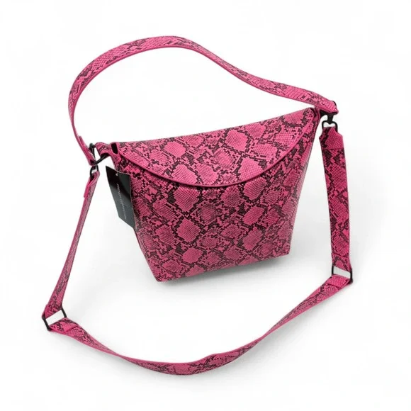 French Connection Lucy‎ Neon Pink Snakeskin Bucket Crossbody Bag NWT